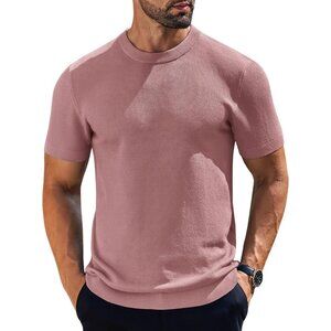 "Men's Pink Short Sleeve Knit Shirt Casual Fashion Crew Neck Top "